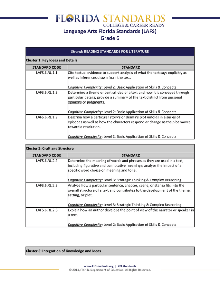 Language Arts Florida Standards LAFS Grade 6