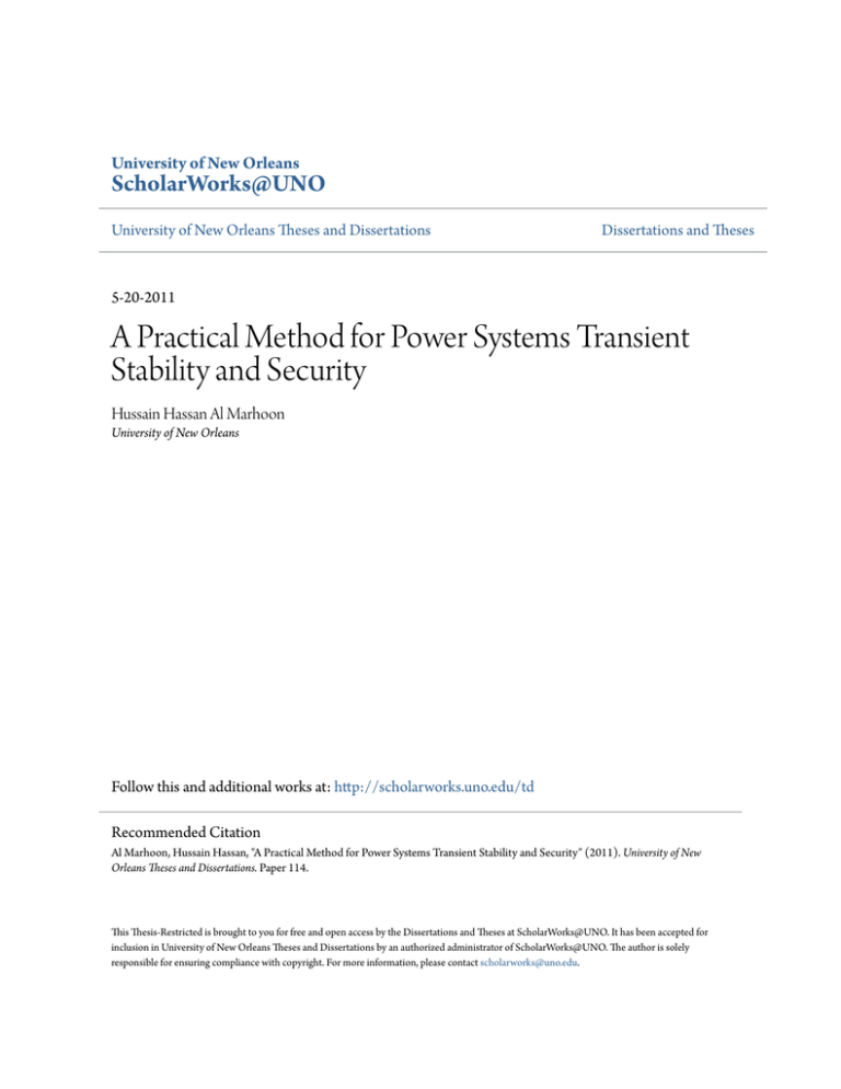 A Practical Method for Power Systems Transient Stability and Security