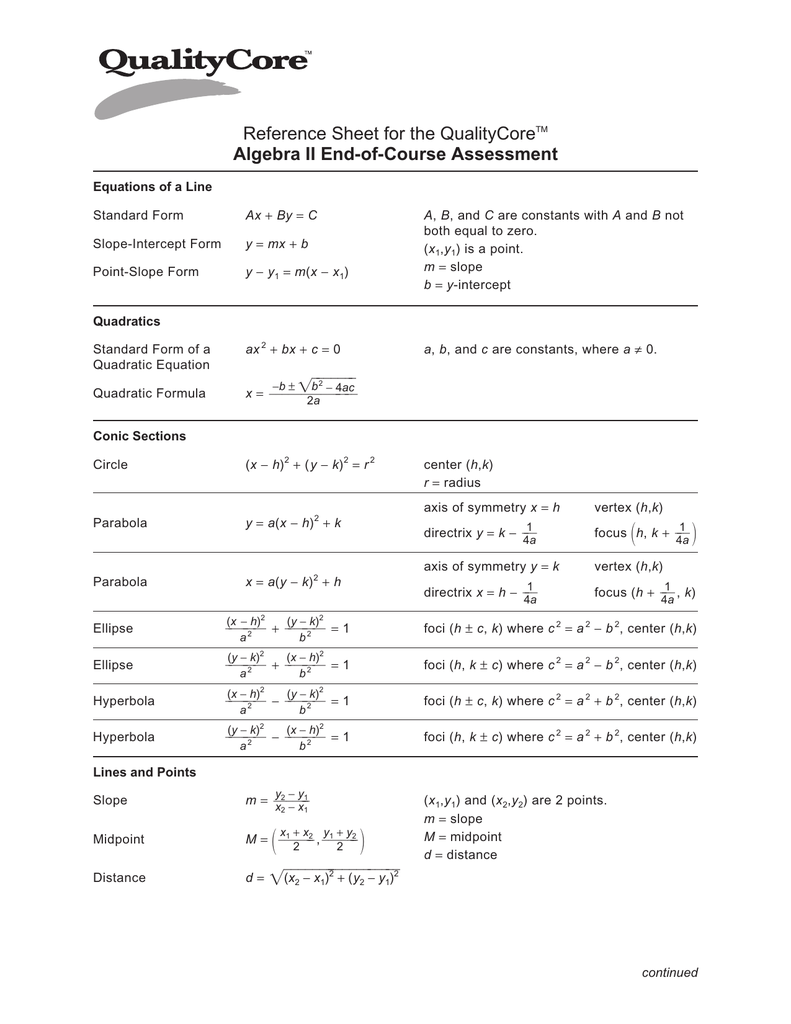 Reference Sheet For Quality Core Algebra 2 End Of Course