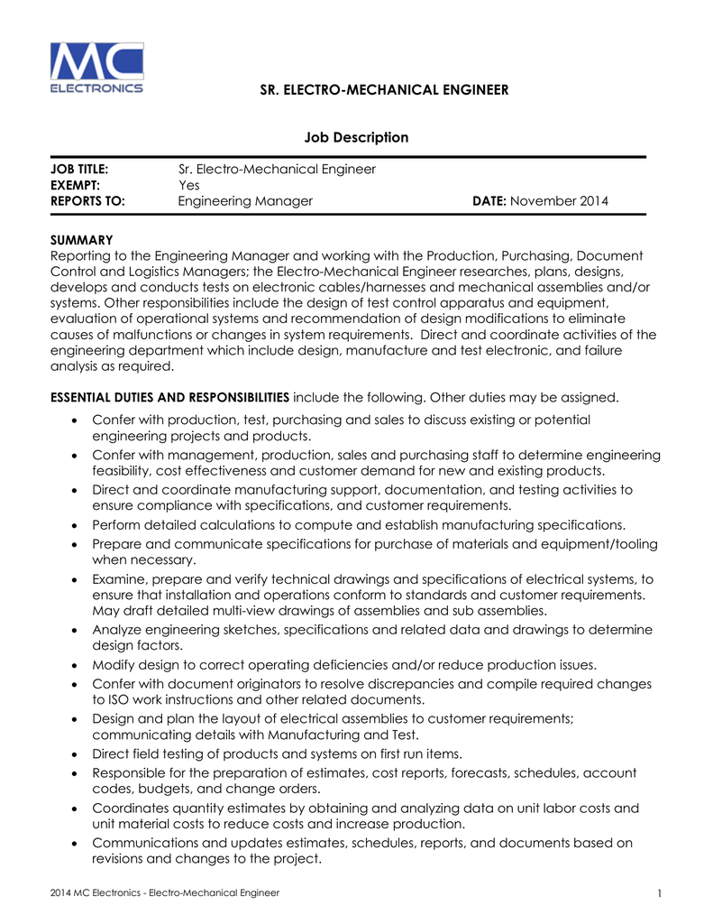 Electromechanical Engineering Job Description