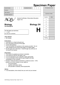 GCSE Biology Specimen Question Paper Higher Specimen