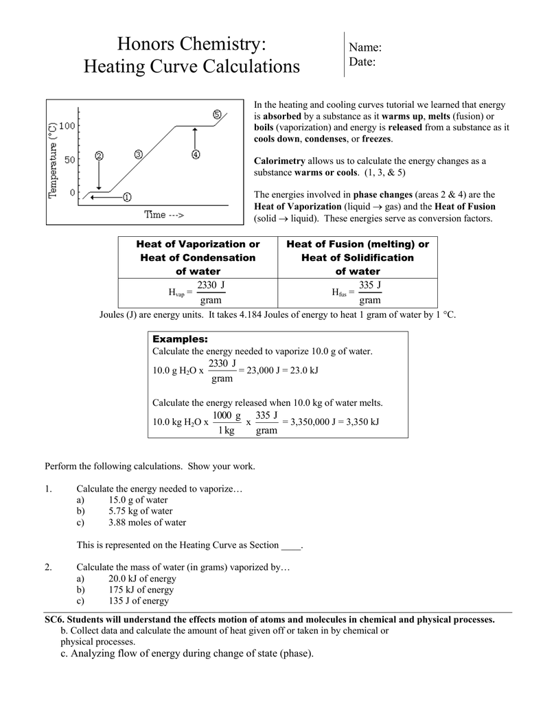 Honors Chemistry: Heating Curve Calculations Regarding Heating And Cooling Curve Worksheet