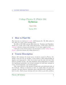 College Physics II (Phys 186) Syllabus