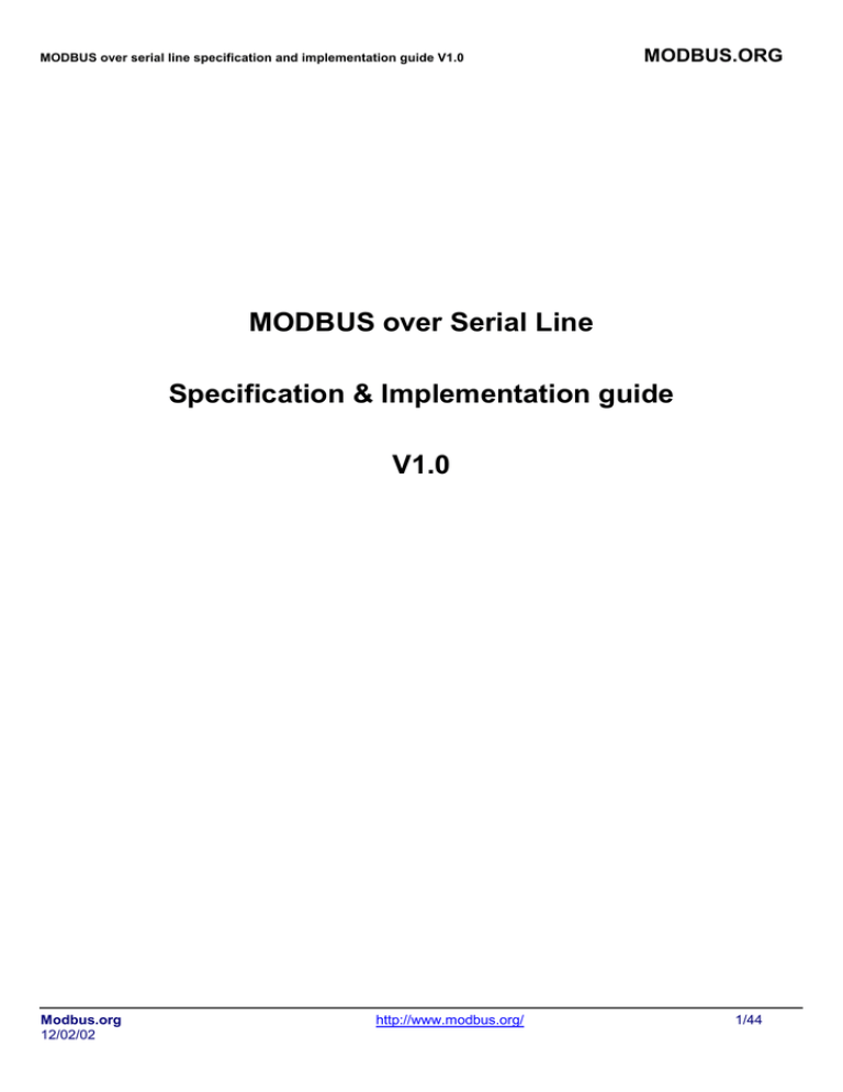 Specification and Implementation Guide for MODBUS over serial line