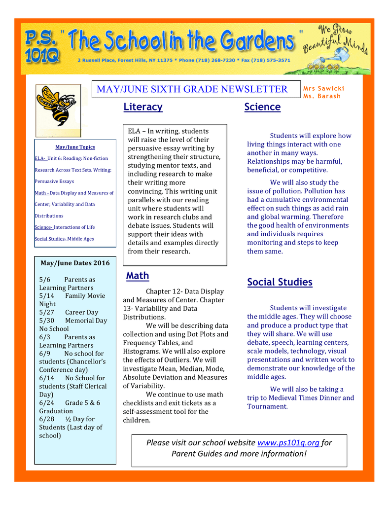 May June Sixth Grade Newsletter Ddec December