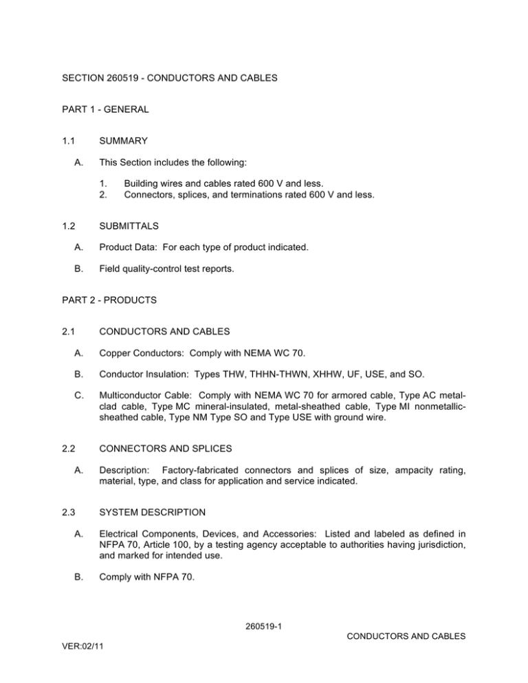 SECTION 260519 CONDUCTORS AND CABLES PART 1
