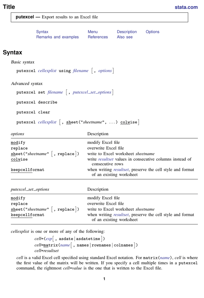 putexcel stata 12