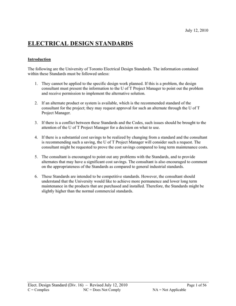 electrical design standards University of Toronto Scarborough