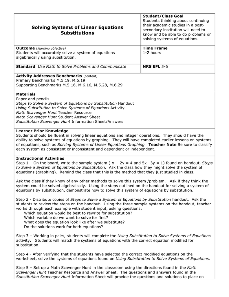 Solving Systems Of Equations Algebraically Worksheet Answers