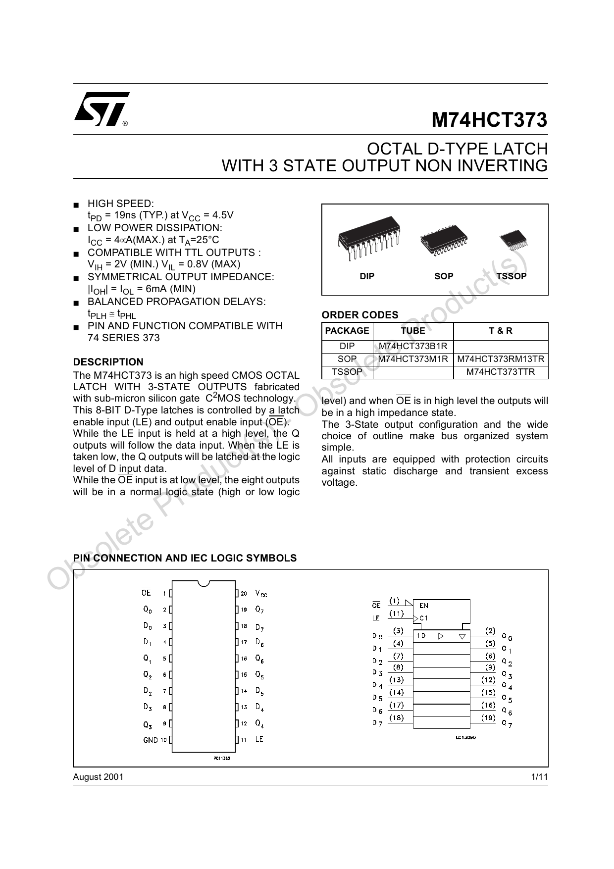 PKG of 5 ST 74AC373B Octal D-Type Latch w/ 3 State Outputs PDIP-20