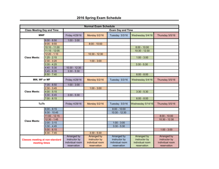 2016 Spring Exam Schedule