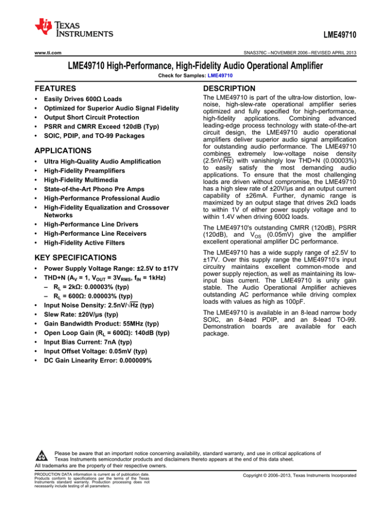 LME49710 High Performance, High Fidelity Audio Operational