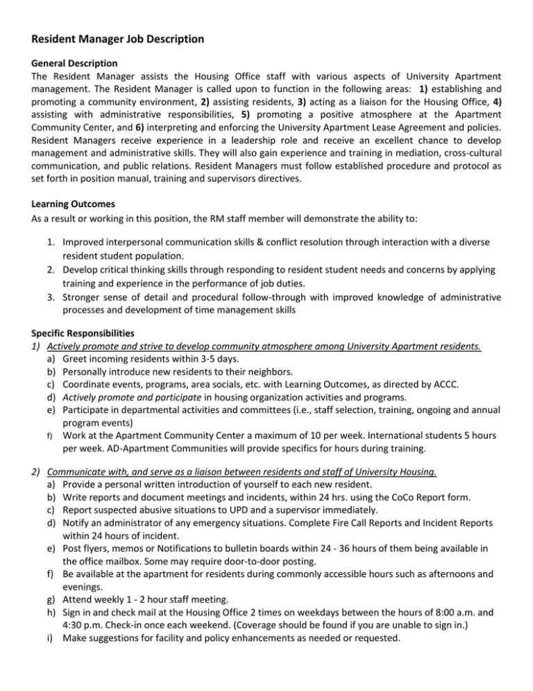 Job Description For Resident Service Coordinator