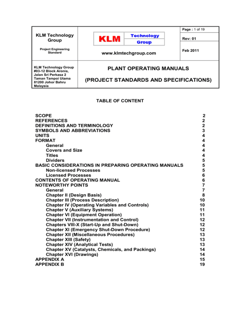 Plant Operating Manuals