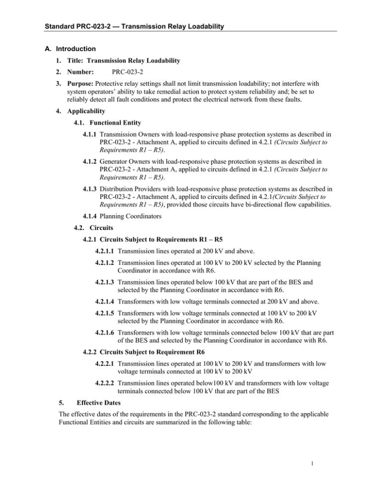 Standard PRC-023-2 — Transmission Relay Loadability A