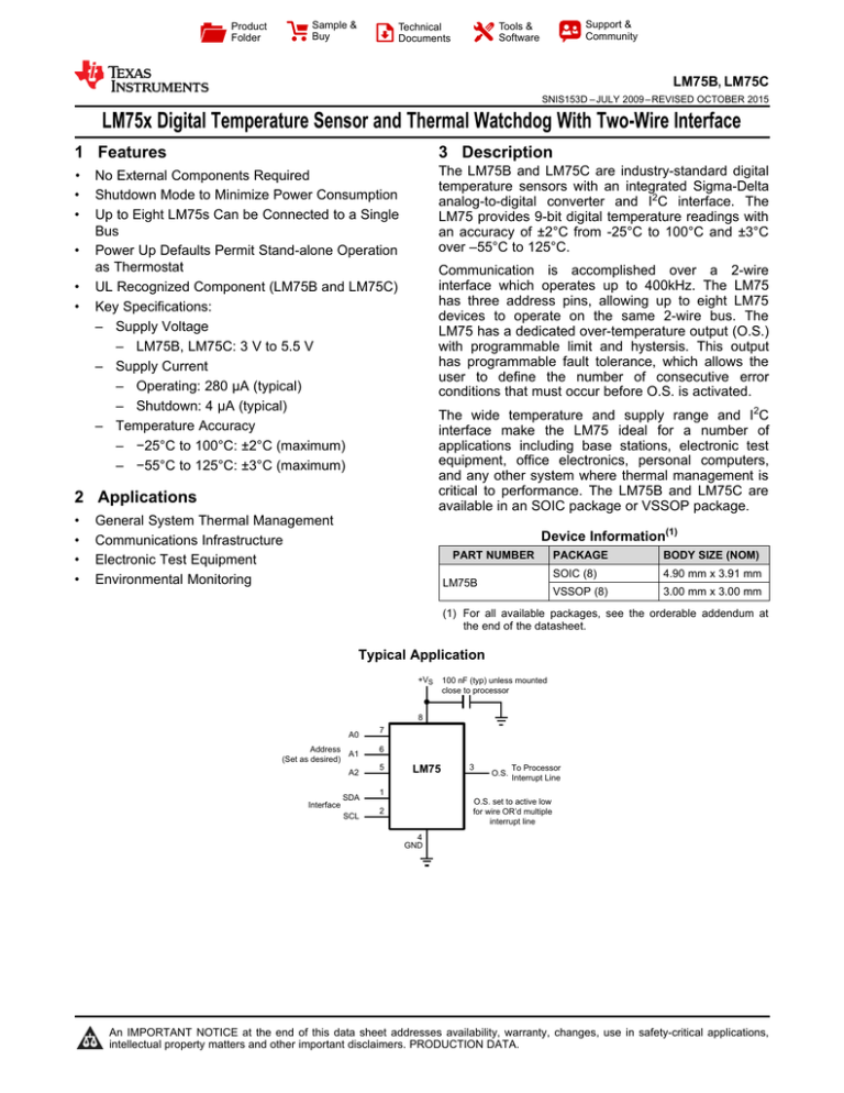 LM75B/C Digital Temperature Sensor and Thermal Watchdog with