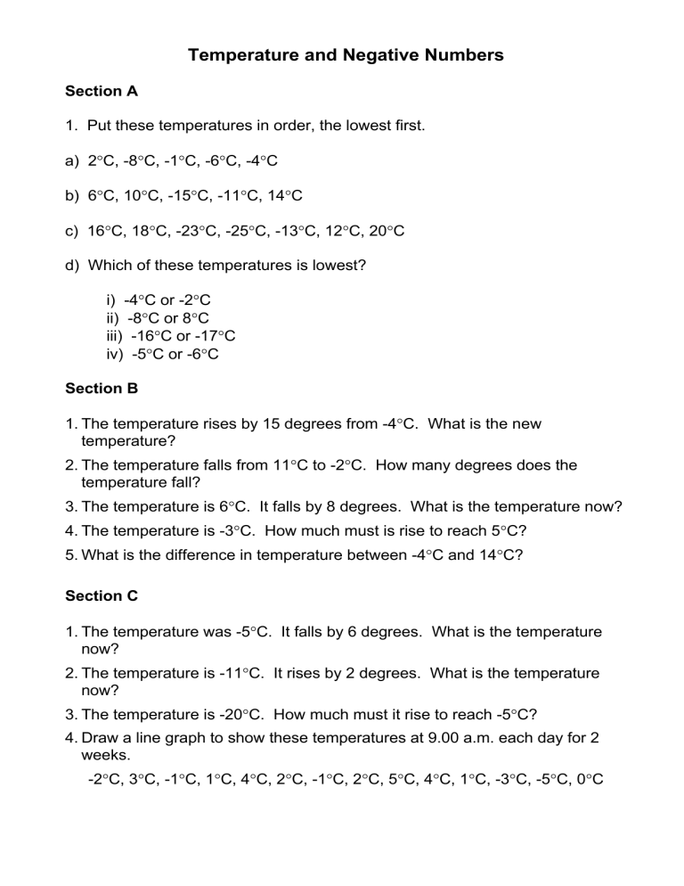 negative numbers temperature worksheet pdf