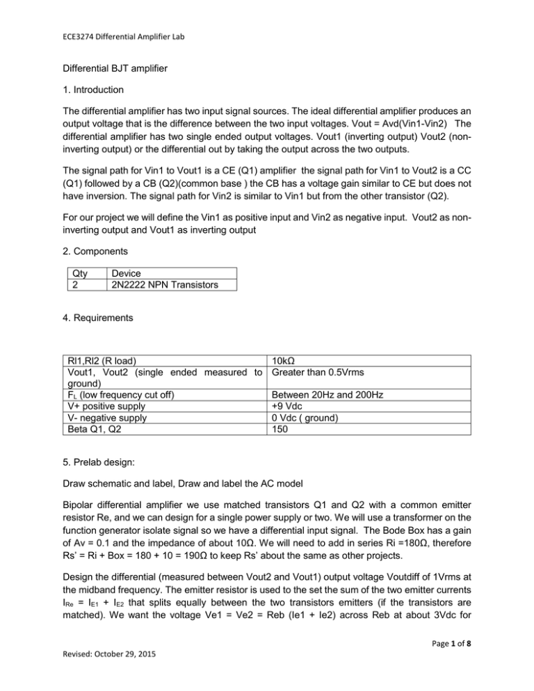 Differential BJT amplifier 1. Introduction The differential amplifier has