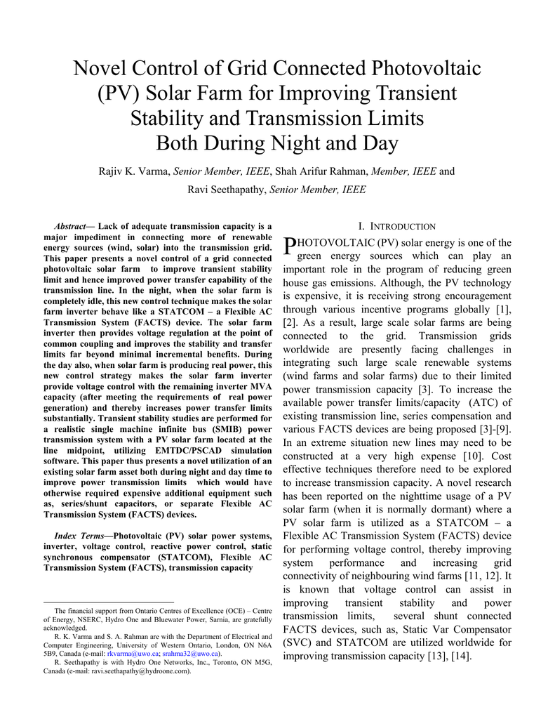 Novel Control Of Grid Connected Photovoltaic Pv Solar Farm For