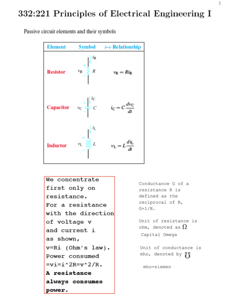 Conductance G of a resistance R is defined as the reciprocal of R, G