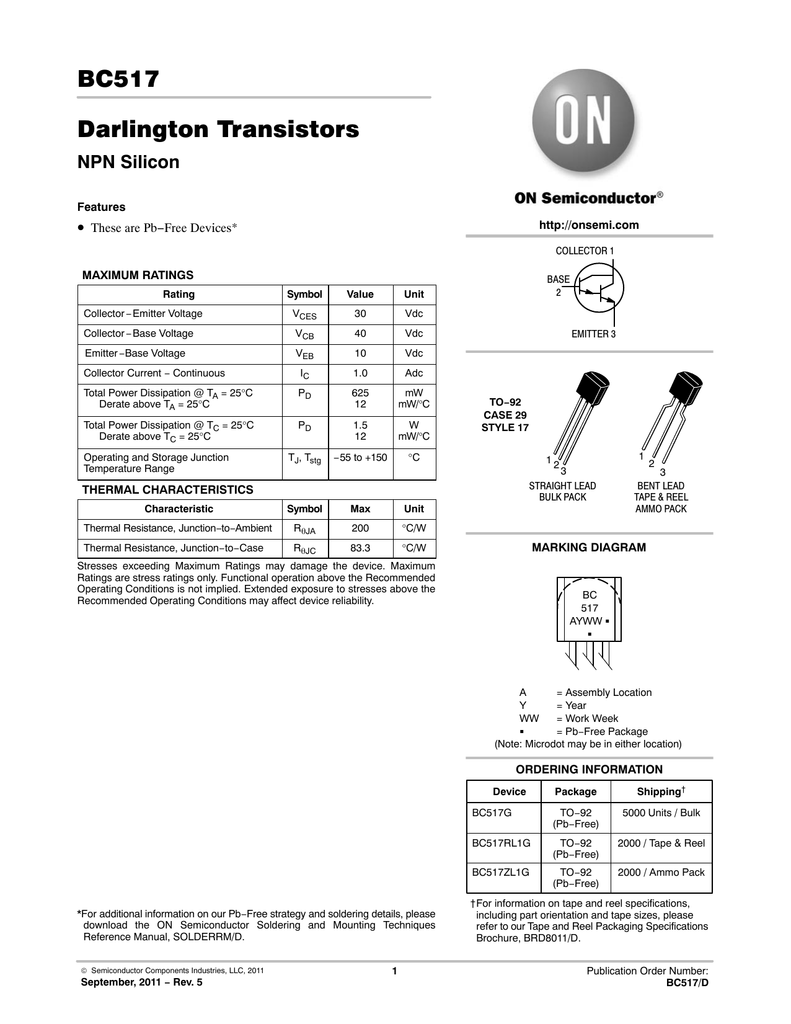 Transistor bipolaire Darlington NPN BC517 Boitier TO92 20 Pi/èces