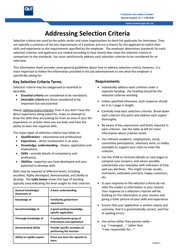 cover letter with key selection criteria