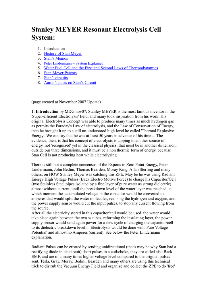 Stanley Meyer Resonant Electrolysis Cell System - 