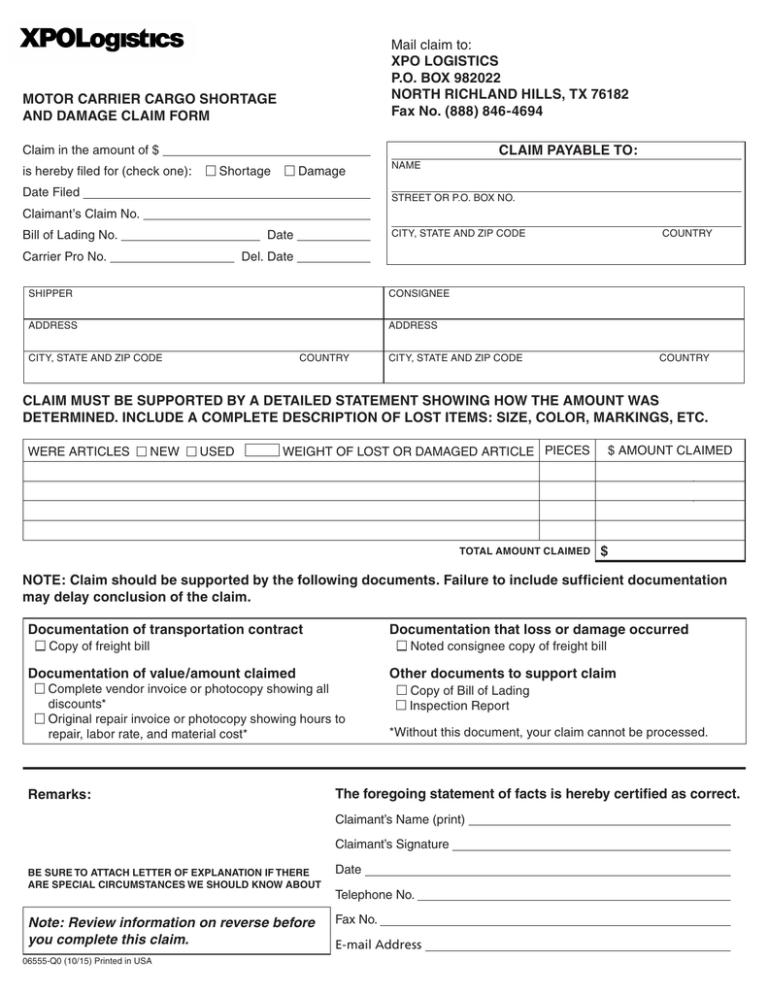 CLAIM PAYABLE TO Mail Claim To XPO LOGISTICS P O BOX