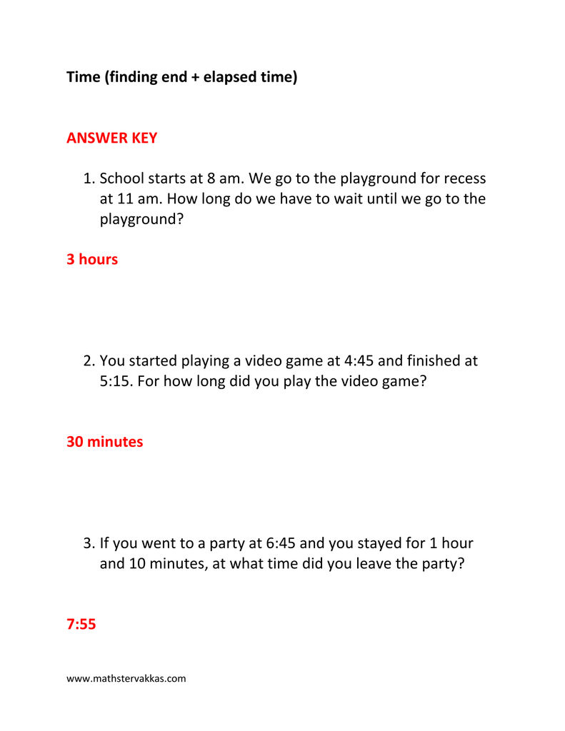 Time finding End Elapsed Time ANSWER KEY Time finding End Elapsed Time ANSWER KEY