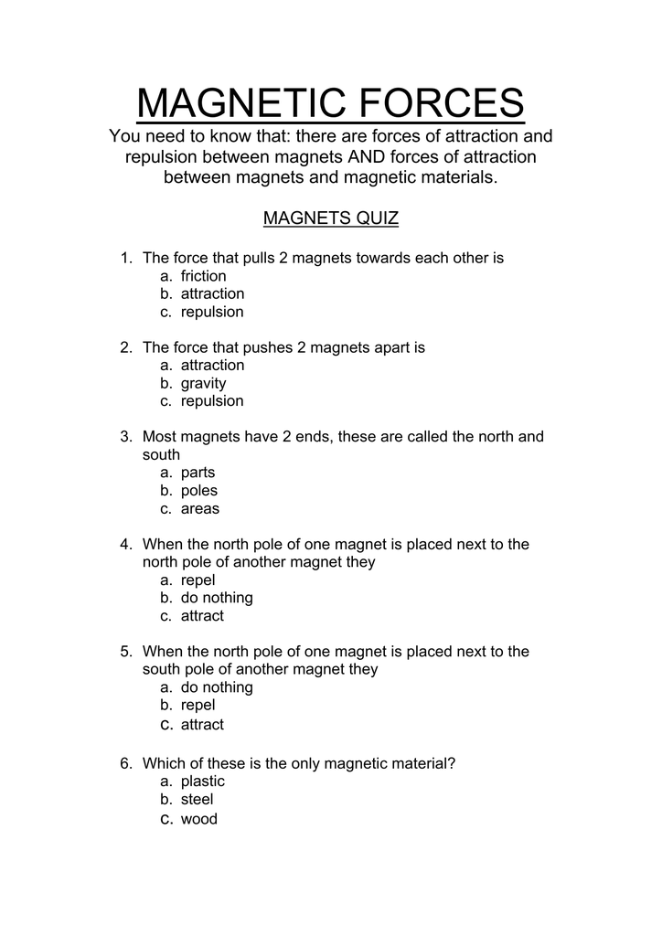 magnetic attraction worksheet