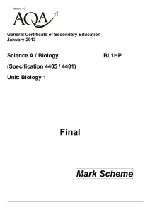 GCSE Science A/Biology Mark scheme Unit 01