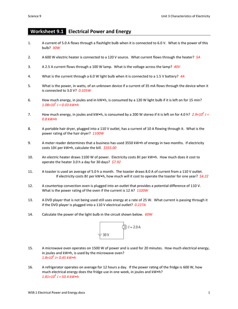 Worksheet 9 1 Electrical Power And Energy