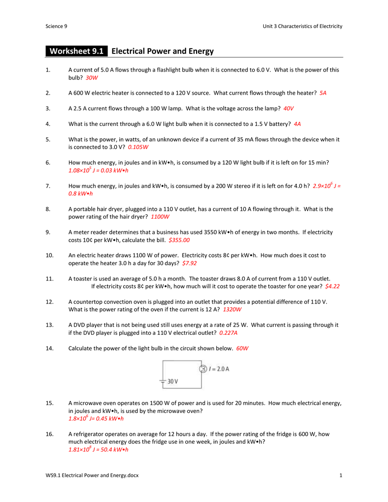 Worksheet 1111.11 Electrical Power and Energy With Electrical Power Worksheet Answers