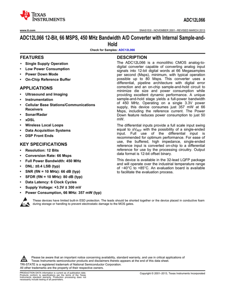 ADC12L066 12-Bit, 66 MSPS, 450 MHz Bandwidth ADC w/Internal