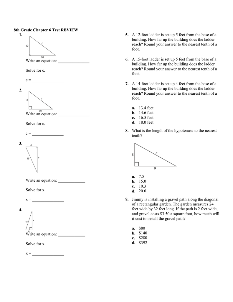 20th Grade Chapter 20 Test REVIEW 20. Write an equation: Solve for c