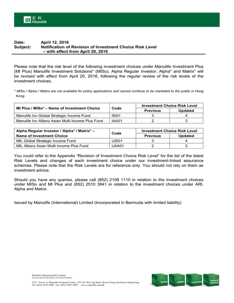 Date April 12 2016 Subject Notification Of Revision Of Investment