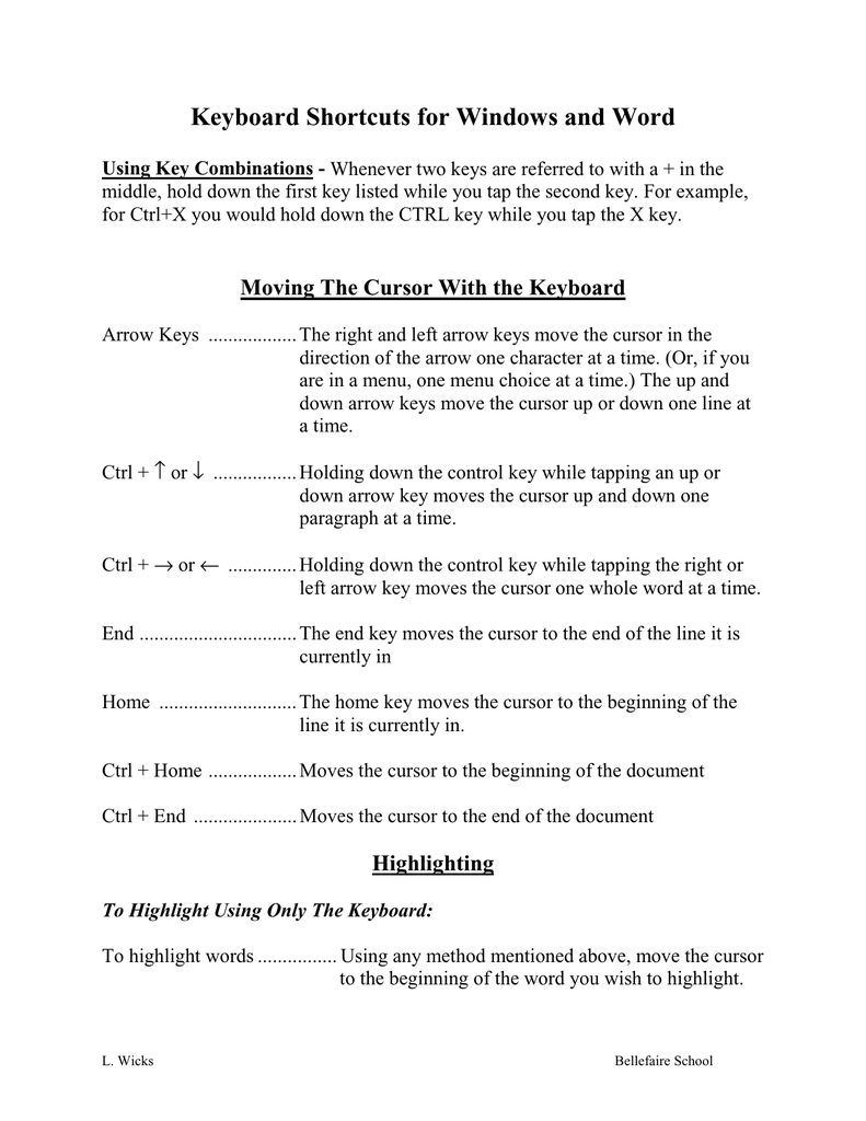 Keyboard Shortcuts For Windows And Word