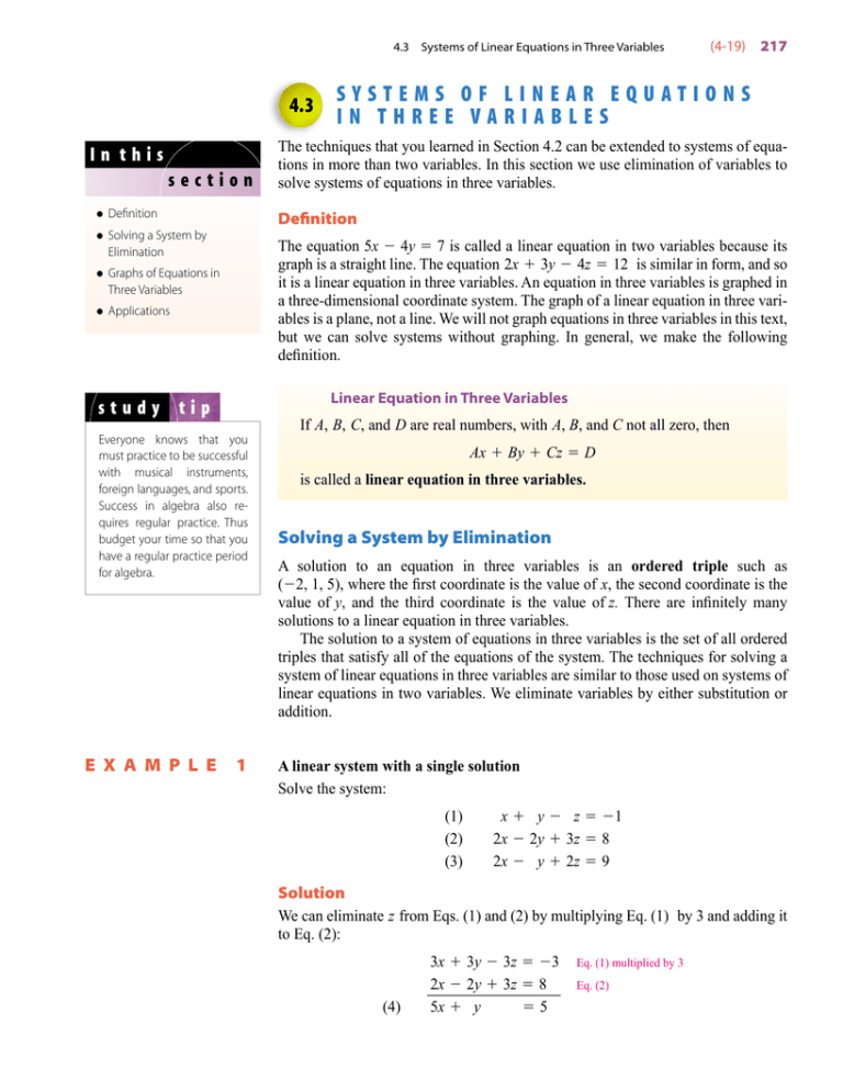 4 3 Systems Of Linear Equations In Three Variables