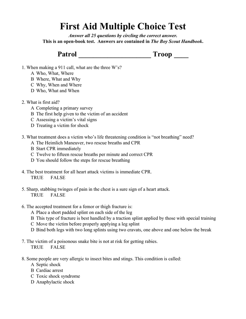 First Aid Multiple Choice Test