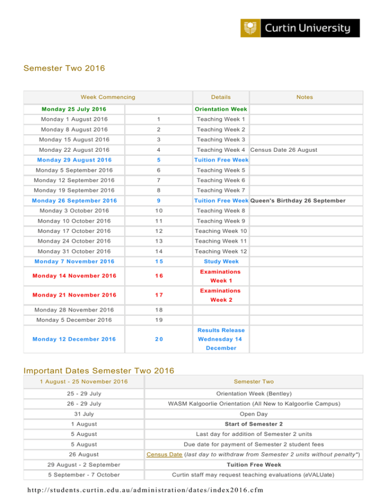 Semester Two Calendar []