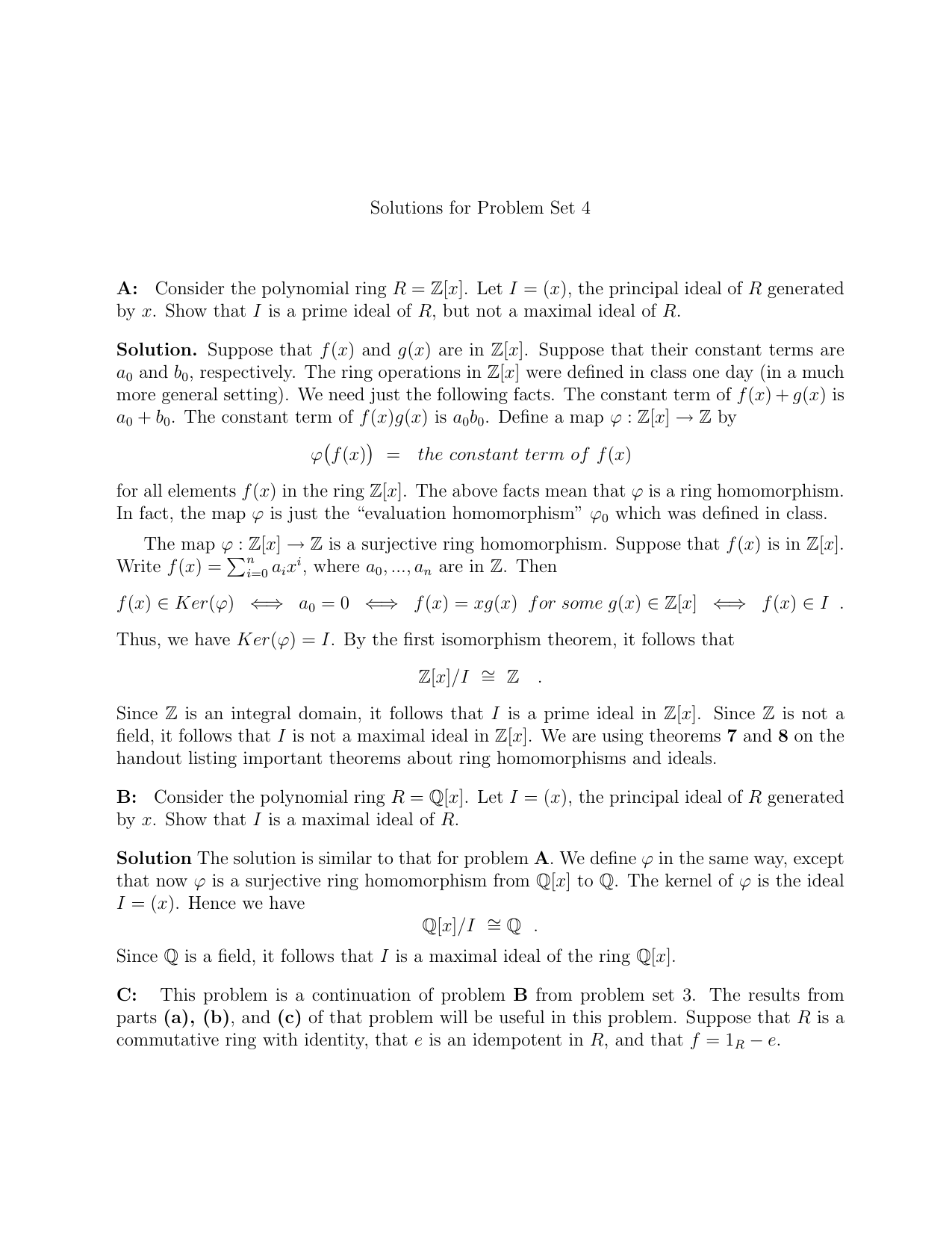 Solutions For Problem Set 4 A Consider The Polynomial Ring R Z X