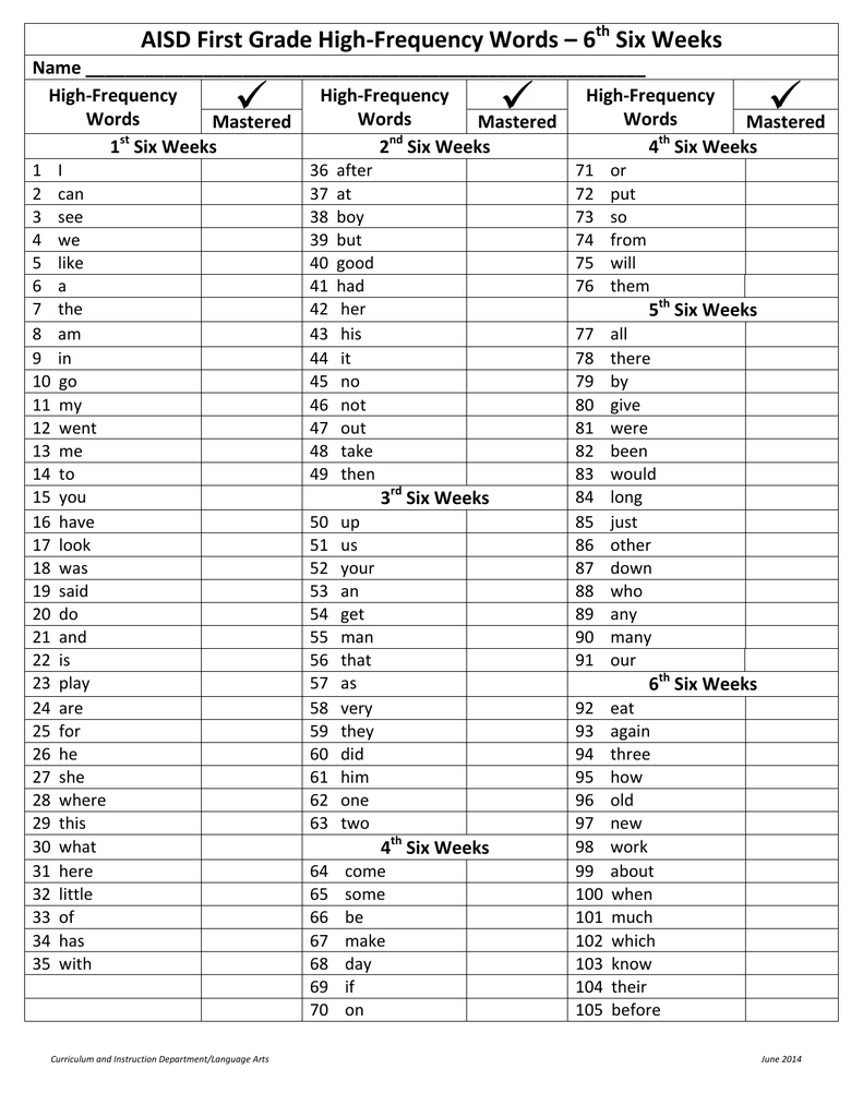 sight words for 6th grade printable list