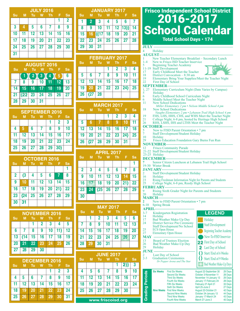 Frisco Isd School Calendar 2016 2017