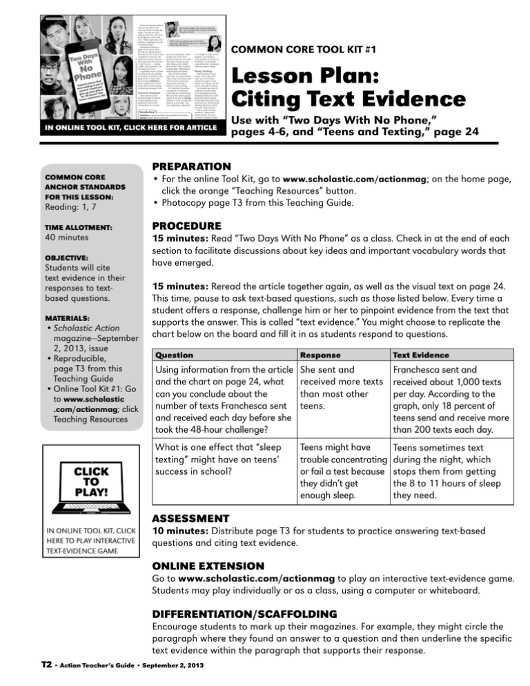 Lesson Plan Citing Text Evidence Common Core