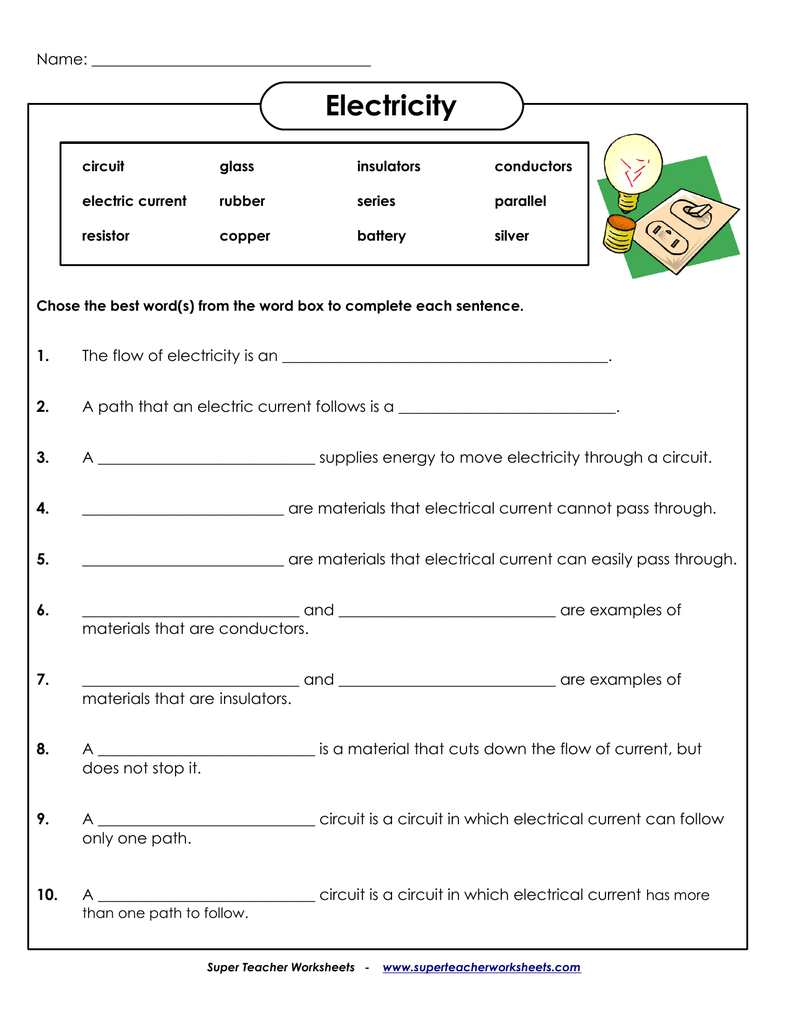 Electricity Worksheet Grade 6