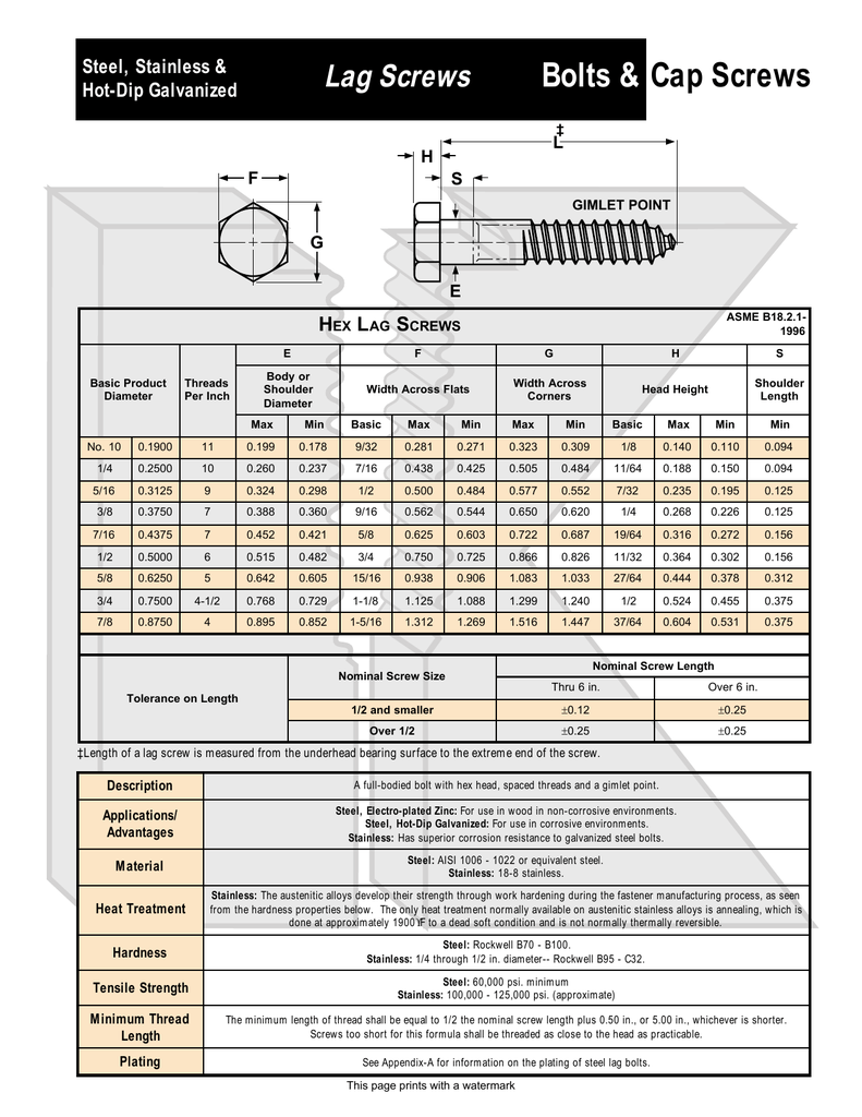 Lag Screw Size Chart