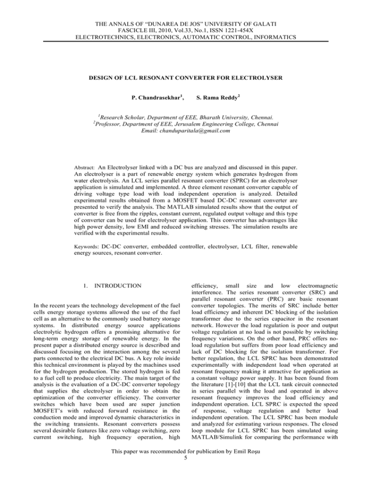 LCL Resonant Converter Design for Electrolyser