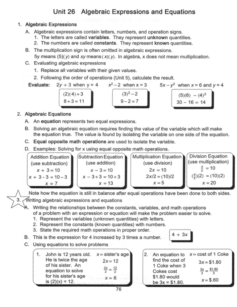 Unit 26 Algebraic Expressions And Equations