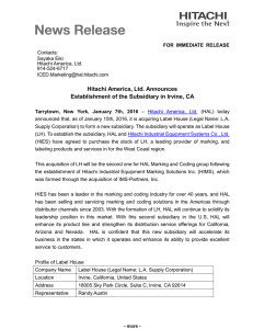 Hitachi America, Ltd. Announces Establishment of the Subsidiary in