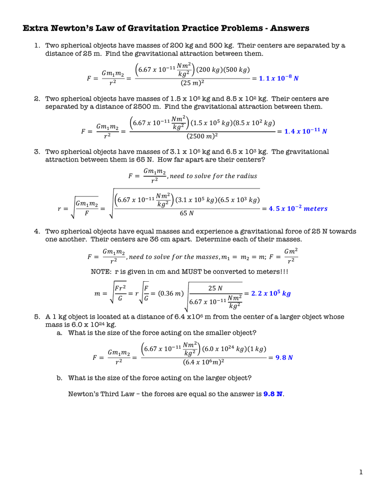 Extra Practice - Newtons Law of Universal Gravitation Answers Regarding Universal Gravitation Worksheet Answers